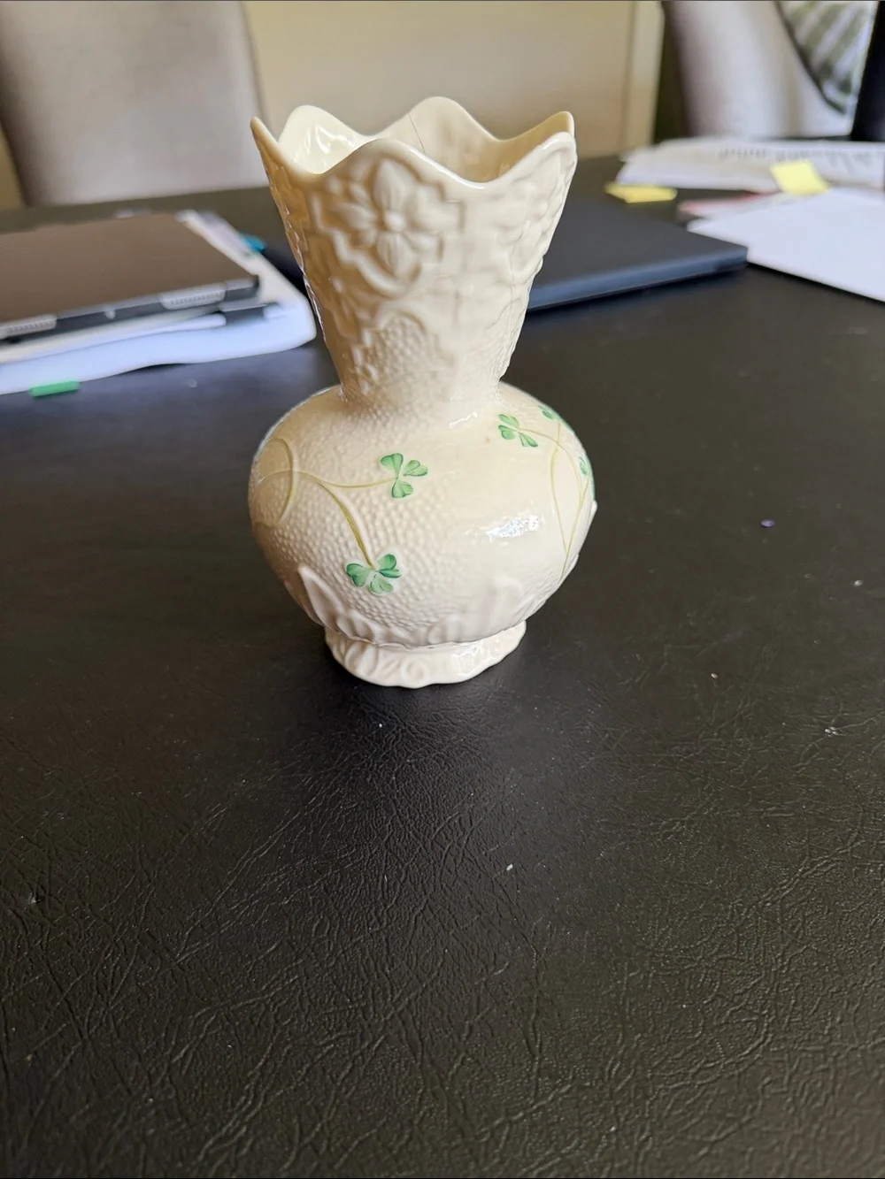 Belleek Cream Bud Vase with Green Shamrock Accents